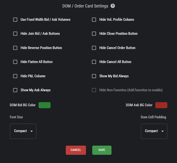 DOM and Order Card settings for enabling or disabling certain views