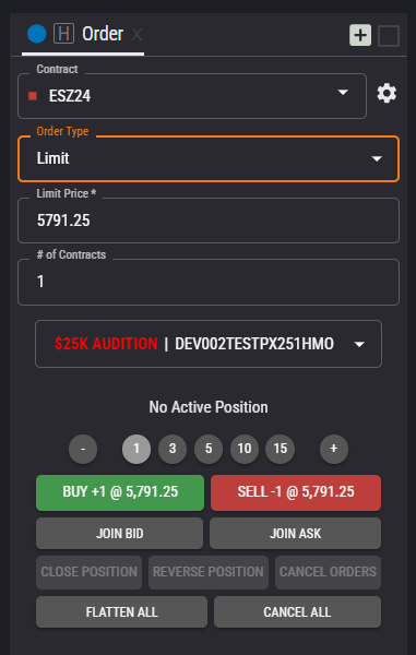 order ticket screen for executing buy or sell actions on specificed contracts